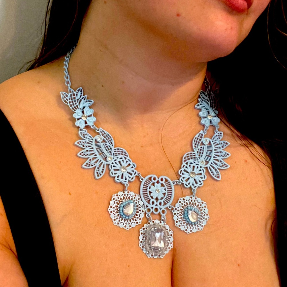 Vintage baby blue lace filigree rhinestone necklace